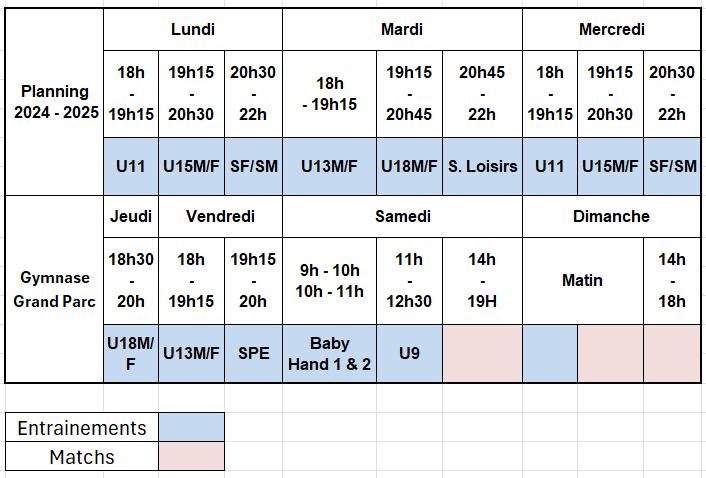 planning entrainements usma handball 24 25